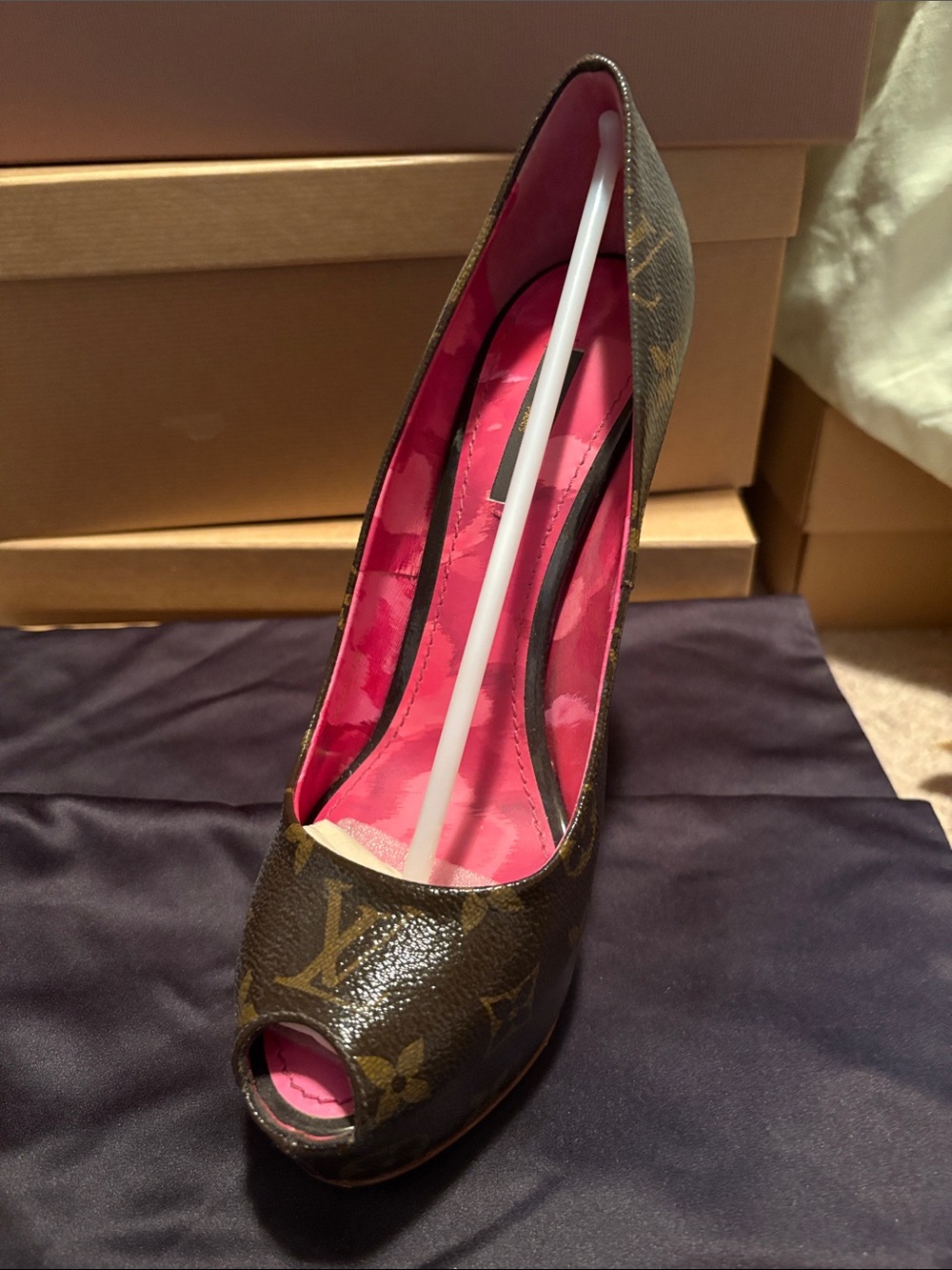 Louis Vuitton Monogram Peep-Toe Pump in Brown with Pink Lining